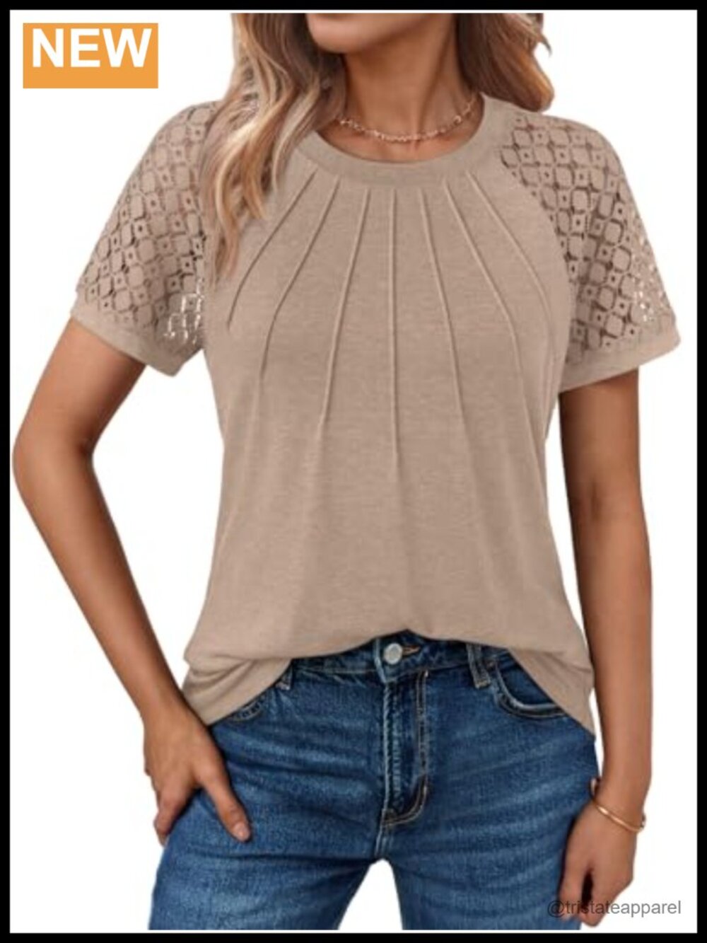 Lace Short Sleeve Top Crew Neck Pleated Business Casual Blouse